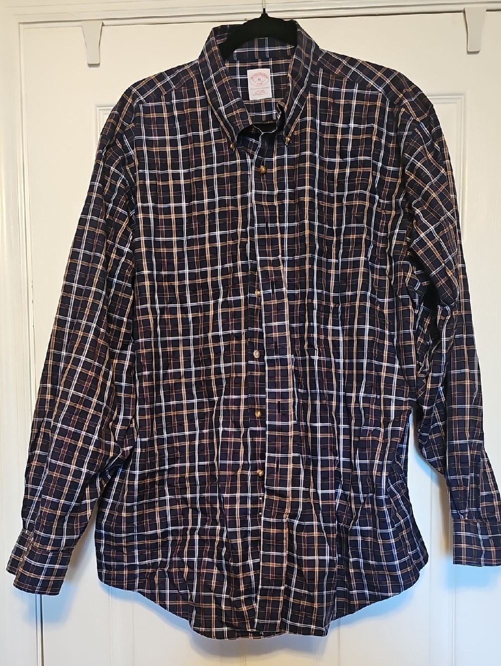 Brooks Brothers Navy Plaid Button-Down Shirt with Tan and White Checks